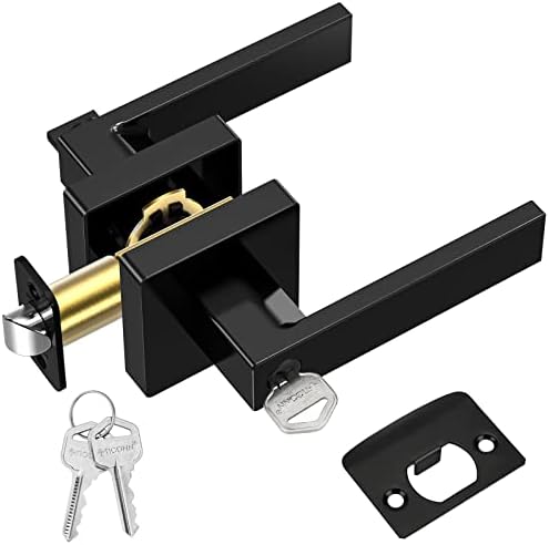 TICONN Black Door Handle Heavy Duty, Matte Black Reversible Square Door Lever for Bedroom, Bathroom and Rooms (Keyed Entry - Keyed Alike, 1 Pack, Black)