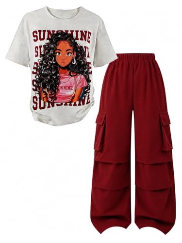 Image of Tween Girls Clothes Short Sleeve Graphic T-Shirt Top + Cargo Pants 2pcs Outfit Set, Size 7-15Years