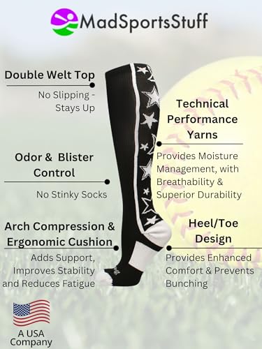 MadSportsStuff Softball Socks with Stars for Girls and Women Over the Calf Tall Socks Youth and Adult Sizes3