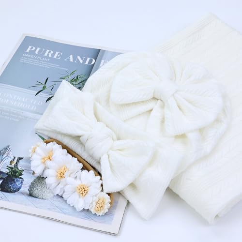 Image of Cinaci 4pcs White Soft Nursery Newborn Baby Receiving Swaddle Blanket with Matching Turban Hat Bow Headbands Floral Nylon Headbands for Baby Girls Newborn Infants