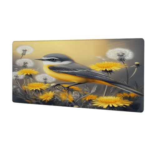 Glilade Großes Gaming-Mauspad, wasserdicht, rutschfeste Mauspads mit genähten Kanten, Computer-Laptop-Tastaturmatte für Büro, Zuhause, Arbeit, 30,5 x 80,9 cm, Vogelsitzende Löwenzahn-Blumen