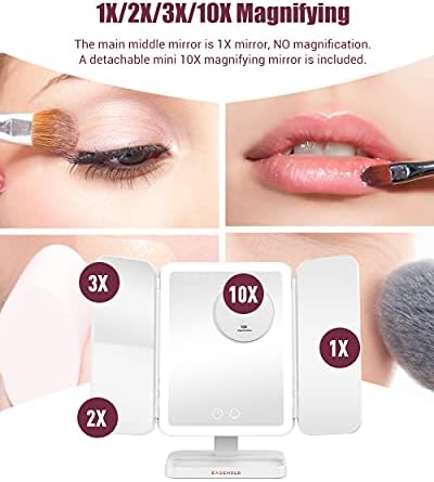 EASEHOLD Lighted Vanity Makeup Mirror, 3500mAh Rechargeable USB C, 1X/2X/3X/10x Magnifying Mirror with 68 pcs LED Lights, 3 Color Light Modes Trifold Beauty Larger Mirror, Adjustable Brightness,White