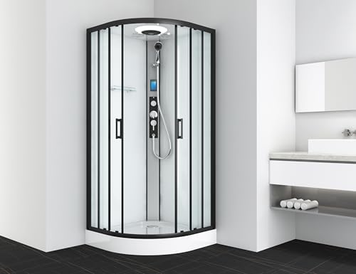 SANOTECHNIK Cabine de douche complète Austin Black 90 × 90 × 215 cm – Douche complète tout-en-un | Verre de sécurité ESG de 5 mm, radio tactile, toit LED, buse de massage, montage rapide CL20B