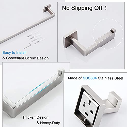 4-Piece Bathroom Hardware Set, Stainless Steel Wall Mounted Square Bathroom Accessories Kit, Include 16 Inch Hand Towel Bar, Toilet Paper Holder, Hand Towel Rack, Towel Hook(Brushed Nickel) #TOP3