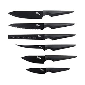 Edge of Belgravia Precision Extended Kitchen Knives 6 Piece Set Non-Stick Stainless Steel Blades (Black)…