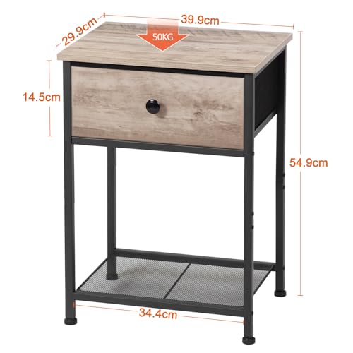 AMHANCIBLE Bedside Table Set of 2, Small Side Table with Fabric Drawer, Sofa Side Table with Storage Shelf, Nightstand with Metal Frame, Coffee Table for Bedroom, Living Room, Grey UHET03SDGY