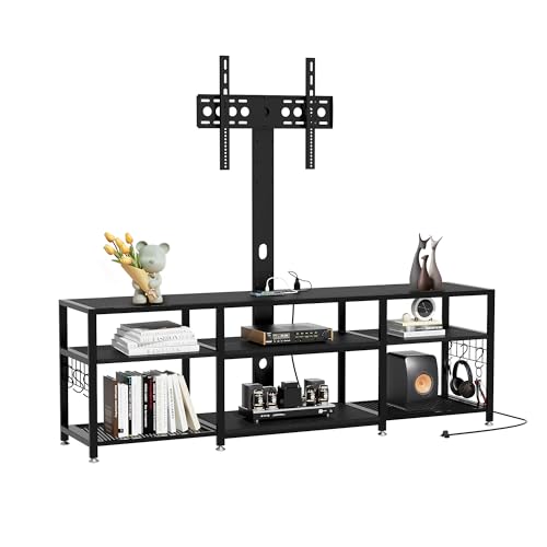 VECELO TV Stand with Mount and Power Outlet, Height Adjustable Entertainment Center with Storage Shelves for 32/55/65/70/75 inches Televisions, Console Table for Living Room, Bedroom, Matte Black