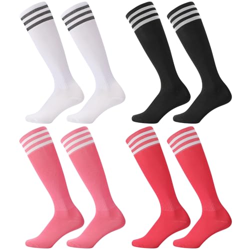 Image of Zuimei 4 Pairs Football Socks Kids Sports Socks for Kids Boys Girls Children Youth Junior Running,Training,Rugby,Hockey Soccer (Aged 5-13) black, white, pink, rose red