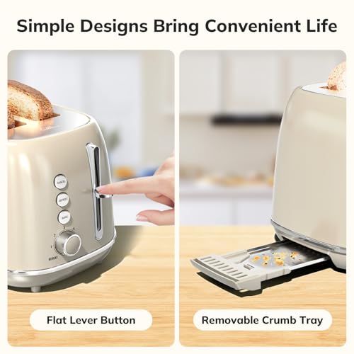 Image of 2 Slice Stainless Steel Toaster Retro with 6 Bread Shade Settings, Bagel, Cancel, Defrost Function, 2 Slice Toaster with Extra Wide Slot, Removable Crumb Tray, Tauge