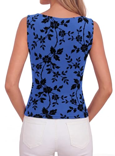 BTFBM Womens Tank Tops 2026 Summer Floral Mesh Sleeveless Boat Neck Slim Fit Shirts Casual Spring Ruched Going Out Top(Royal Blue, X-Large) — view 3