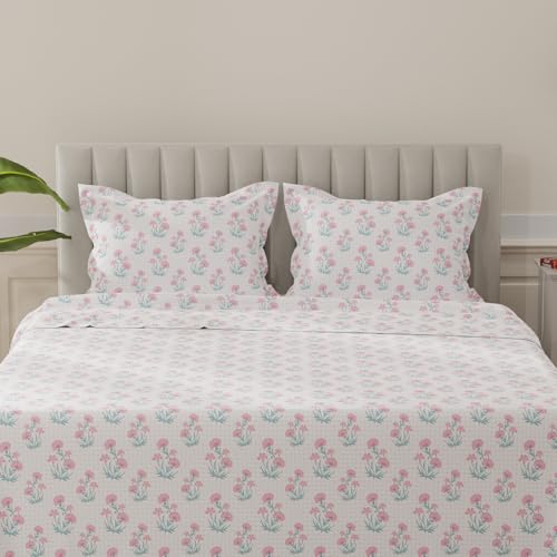 Image of Layers 100% Cotton Bedsheet for King Size Bed | Lumina Floret Collection | 144 TC Soft & Breathable | Printed with 2 Pillow Covers | Wrinkle Free & Colorfast | 3 Piece Bedding Set - Blue & White