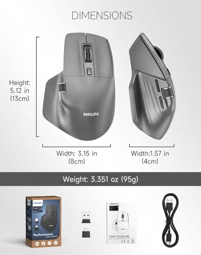 Image of Philips Ergonomic Wireless Mouse, Multi-Device Bluetooth (USB-A /C) for Laptop & Mac /PC, Silent Productivity Mouse with Side Scroll, 5-Level DPI Rechargeable Computer Mouse(Grey)