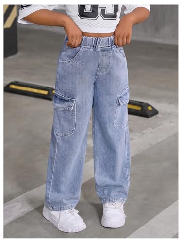 Floerns Girl's Elastic Waist Jeans Flap Pocket Straight Leg Cargo Denim Pants4