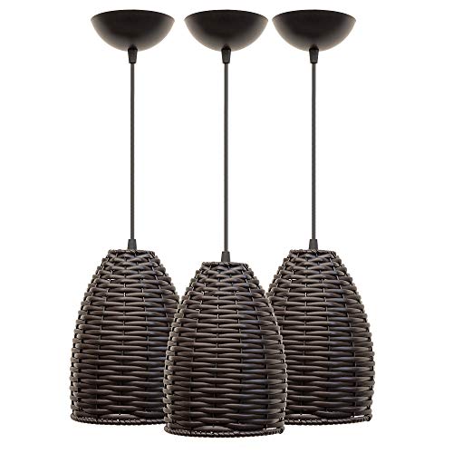 Combo Kit com 3 Pendentes Taça Junco Tabaco Luminária Copo Lustre Sala 22Cm