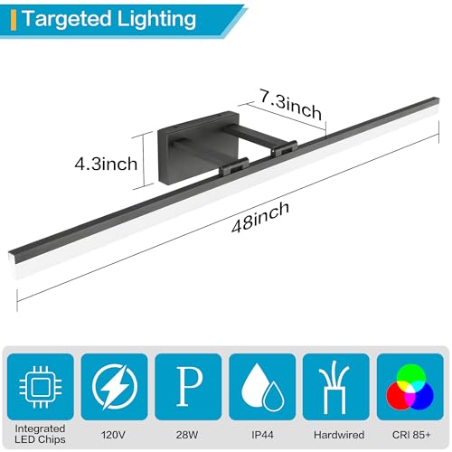 Image of SOLFART Modern LED Vanity Lights 47.2 Inch Bathroom Light Fixtures Over Mirror Fixture Matt Black Finishing Light Strip 8778-ND