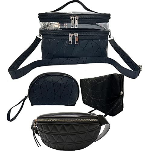 Makeup Bag Set With Pu Leather Fanny Pack For Women,3 Piece Travel Cosmetic Bag And Black Belt Bag #TOP9