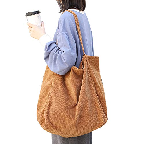 Gizayen Large Capacity Shopping Bags, Large Cord Eco Tote Bag,Corduroy Tote Bag Women Shoulder Handbags Big Capacity Shopping Bag, White, Green, Brown, Black and Gray