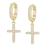 14K Gold Plated Cross Dangle Drop Earrings CZ Diamond Cross Huggie Hoop Earrings Gothic...