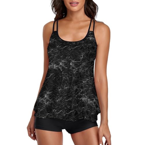 Tankini de mármol negro para mujer con pantalones cortos para máxima cobertura