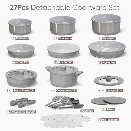 CAROTE 27pcs Ceramic Cookware Set Nonstick, Pots and Pans Set Non Stick, Non Toxic Cookware Detachable Handles, Dishwasher/Oven Safe, RV/Camping Cookware, Pan and Pot with Kitchen Utensils, Dark Gray