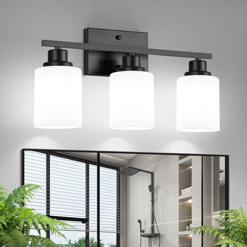 Image of Ascher Bathroom Light Fixtures, 3-Light Vanity Light Over Mirror, Black Wall Sconces with Milky White Frosted Glass Shades, Wall Lamp for Living Room Bedroom, E26 Base(Bulbs Not Included)