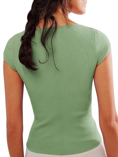 Image of Yousify Women's Short Sleeve Summer Tops 2025 Trendy Ribbed Knit Button Down Tight Basic Tees Shirts Going Out Y2K Clothes