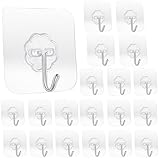 SZYIKUER 20 Pack Transparent Adhesive Hooks 33 lb(Max) 15KG Waterproof and Oilproof Reusable Seamless Hooks Heavy Duty Wall Hook for Kitchen Bathroom Office