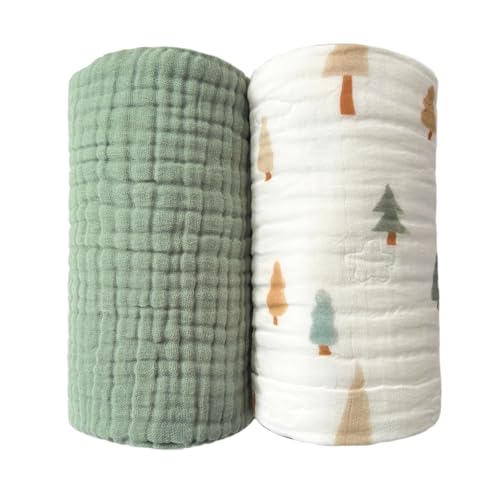 Image of Pack of 2 Ultra Soft Cotton Muslin Baby Blanket Breathable Muslin Swaddle Blankets for Babies and Toddlers Boys Girls Newborn 43"X43" (Christmas Tree and Green)