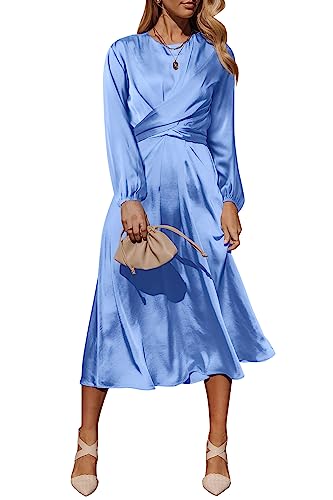 PRETTYGARDEN Women's Fall Fashion 2023 Long Sleeve Satin Dress Tie Back Casual Flowy Midi Dresses (Blue,Large)
