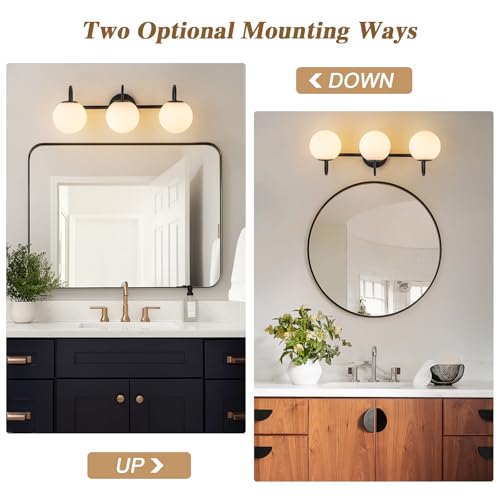 Image of Milk Glass Vanity Light, 22.6 inch Modern Bathroom Light Fixtures Mid-Century Globe Vanity Light 3-Light Glass Wall Sconce Black