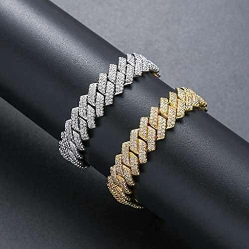 Lkv 14K 14Mm Zircon Diamond Miami Cuban Chain Bracelet Gold Plated Hip Hop Iced Out Cz Link Chain Bracelet For Men And Women(Silver 8Inch) #TOP4