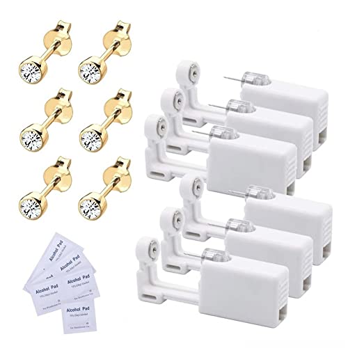 Voarge 6 Stück Ohrlochstechpistole, Einweg-Steril-Sicherheits-Ohrnasen-Piercing-Pistolen-Kit Schmerzfreies Selbst-Piercing-Werkzeug mit Ohrstecker (Gold transparent, 4mm)