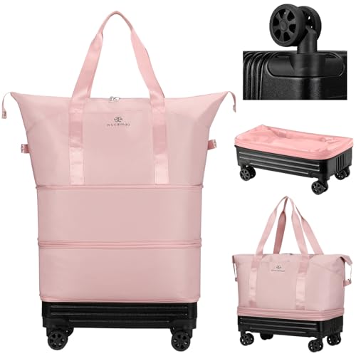 Duffle Bag with Wheels,Foldable Duffle Bag for Travel,Large Suitcases with Wheels,Foldable Travel Bags,Expandable Luggage,Carry on Luggage for Women Men (Pink)