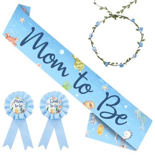 Image of Under The Sea Baby Shower Decorations, Ocean Animal Mom to Be Maternity Sash Mom Dad to Be Button Pins Flower Crown Headband for Underwater Sea Animal Theme Gender Reveal Party Supplies Keepsake Gifts