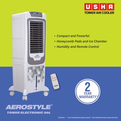 Image of USHA Aerostyle Electronic 50L Tower Air Cooler (50AST1E) - 1400 m /h Air Delivery, 6m Air Throw, Remote Control, Honeycomb Pads, Ice Chamber & Humidity Control