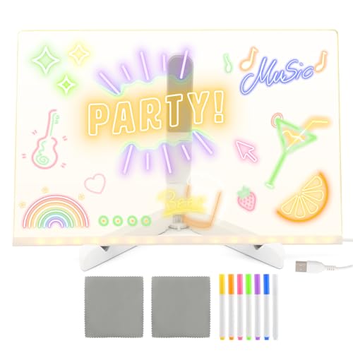 Acrylic Dry Erase Board with Light, 11.8 X 7.9\" LED Note Board with 7 Colors Pen, Rewritable Light up Acrylic Message Marker Board Glow Memo Note with Stand for Office School Home - Thumbnail 2
