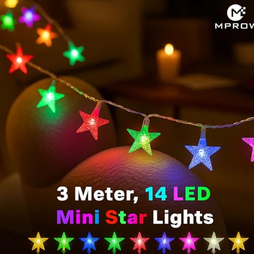 Image of MPROW Star String Lights - 20 LED Multicolor Hanging Fairy Lights with 8 Modes & Remote - Waterproof Decorative Lights for Bedroom, Diwali, Christmas, Wedding, and Outdoor Garden