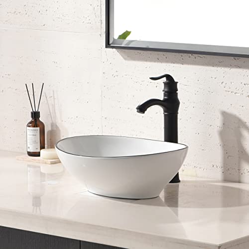 Oval Ceramic Vessel Sink -Hlblfy Oval Above Counter White Porcelain Ceramic Bathroom Vessel Sink Basin Washing Bowl Set And Faucet，White Background And Black Edge #TOP1