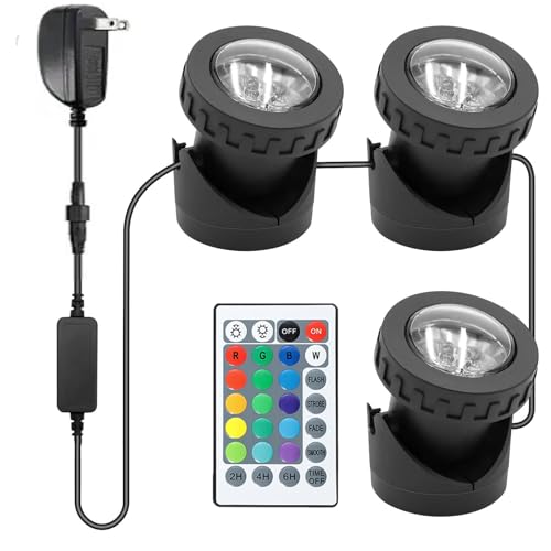 Image of Colored Pond Lights with Timer, RGB Fountain Lights IP68 Waterproof Pond Light, Dimmable Outdoor Landscape Lights for Fish Tank Pond Fountain Garden, 3 Lights