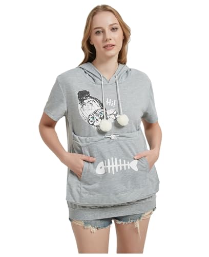 Women Thin Hoodie with Pet Pouch Small Cat Dog Carrier Sweatshirt Short Sleeve Shirts Grey