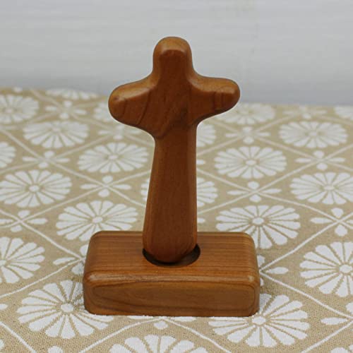 Croix debout bois chrétienne statue décoration table marron