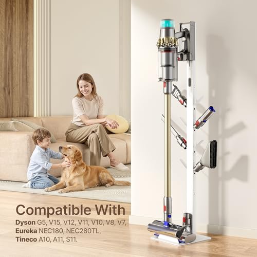 Image of PEGZONE Vacuum Cleaner Stand, Compatible with Dyson G5 V16 V15 V12 V11 V10 V8 V7 V6, NEC180 280TL, S11 A10 A11, Cordless Vacuum Accessories Holder, Attachments Organizer with 8 Storage Hooks, White