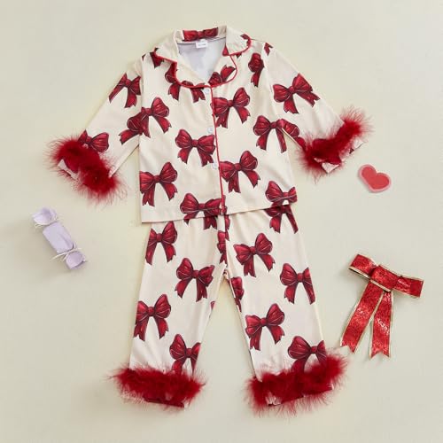 Kayotuas Kids Silk Pajamas Girls Feather Trim Pjs Button Down Shirt & Pants Cute Toddler Pajama Set Sleepwear 2Pcs Loungewear3