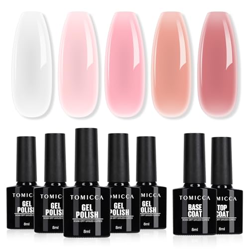 TOMICCA UV Nagellack Set, 5 Farben Gel Mit Base & No Wipe Top Coat, Milchig Weiß Rosa Klar Kristallgelee Soak-Off UV/LED, Nailart Starter Kit Geschenk DIY Zu Hause, 7 x 8ml