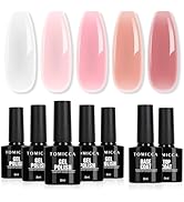 TOMICCA Lot de 5 vernis à ongles UV avec base &amp; No Wipe Top Coat, blanc laiteux, rose K...