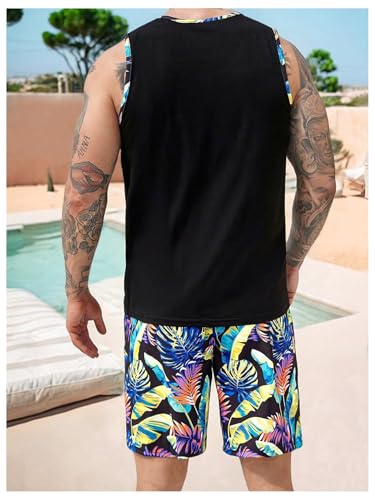 Men's 2 Piece Vacation Outfits Tropical Sleeveless Beach Tank Top & Drawstring Holiday Shorts Cruise Wear2