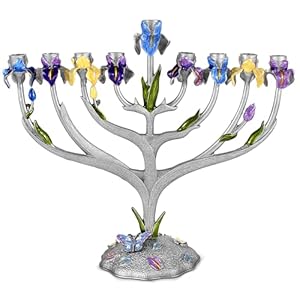 Zion Judaica Artistic Iris Flower Menorah with Intricate Details Unique Floral Hanukkiah Fits Standard Chanukah Candles 75 Alloy Zinc Minorah Hand Painted Botanical Hanukkah Candleholder Gift Boxed