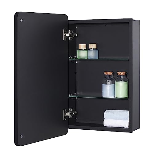 Image of IDYLLOR Black Bathroom Mirror Medicine Cabinet with Round Corner Framed Door and Beveled Edge Mirror 15 x 25 inch, Recessed or Surface Mount, with Adjustable Glass Shelves