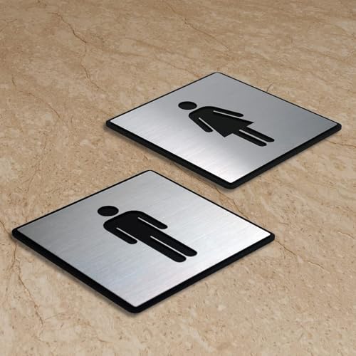 Image of Premium Brush Finish Square Silver Acrylic Men Women Sign Easy to Mount Double Side 5.8 Inch Signage Self-Adhesive Business Stores Cafe Shop Hospital School Office Hotel