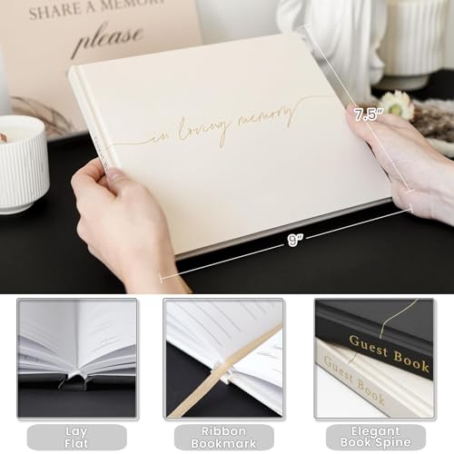 Image of Funeral Guest Book for Memorial Service, in Loving Memory 9x7.5 | 320 Entries, Table Sign Card Included, Gold Stamping, Twill-Textured Paper Cover, Celebration of Life Keepsake, Beige